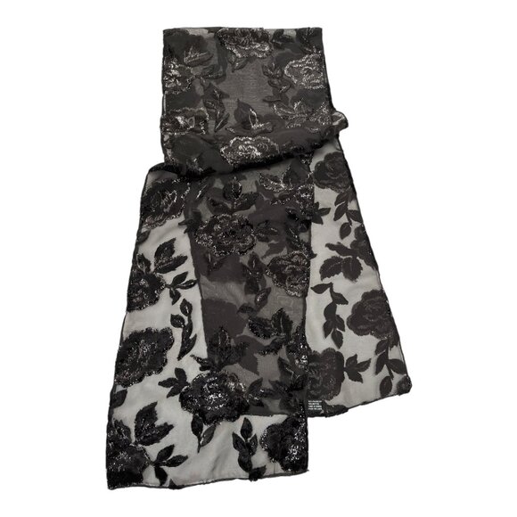 Vintage NY & Company Black Flocked Floral Scarf – Sheer Evening Wrap - Picture 1 of 4